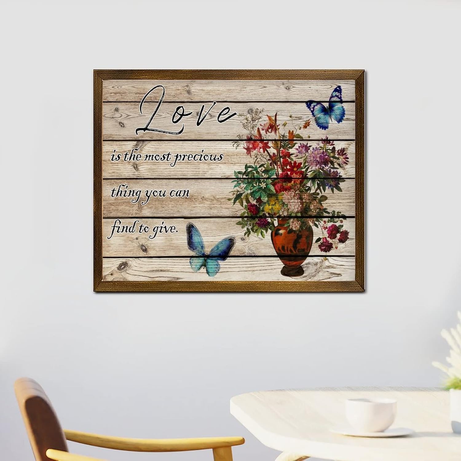Love is The Most Precious Thing You Can Find to Give Wooden Framed Signs Butterfly Dahlia Flower in Vase Wood Plaque Retro French Floral Hanging Wall Signs Decor for Indoor Holiday Home 16x20 Inch