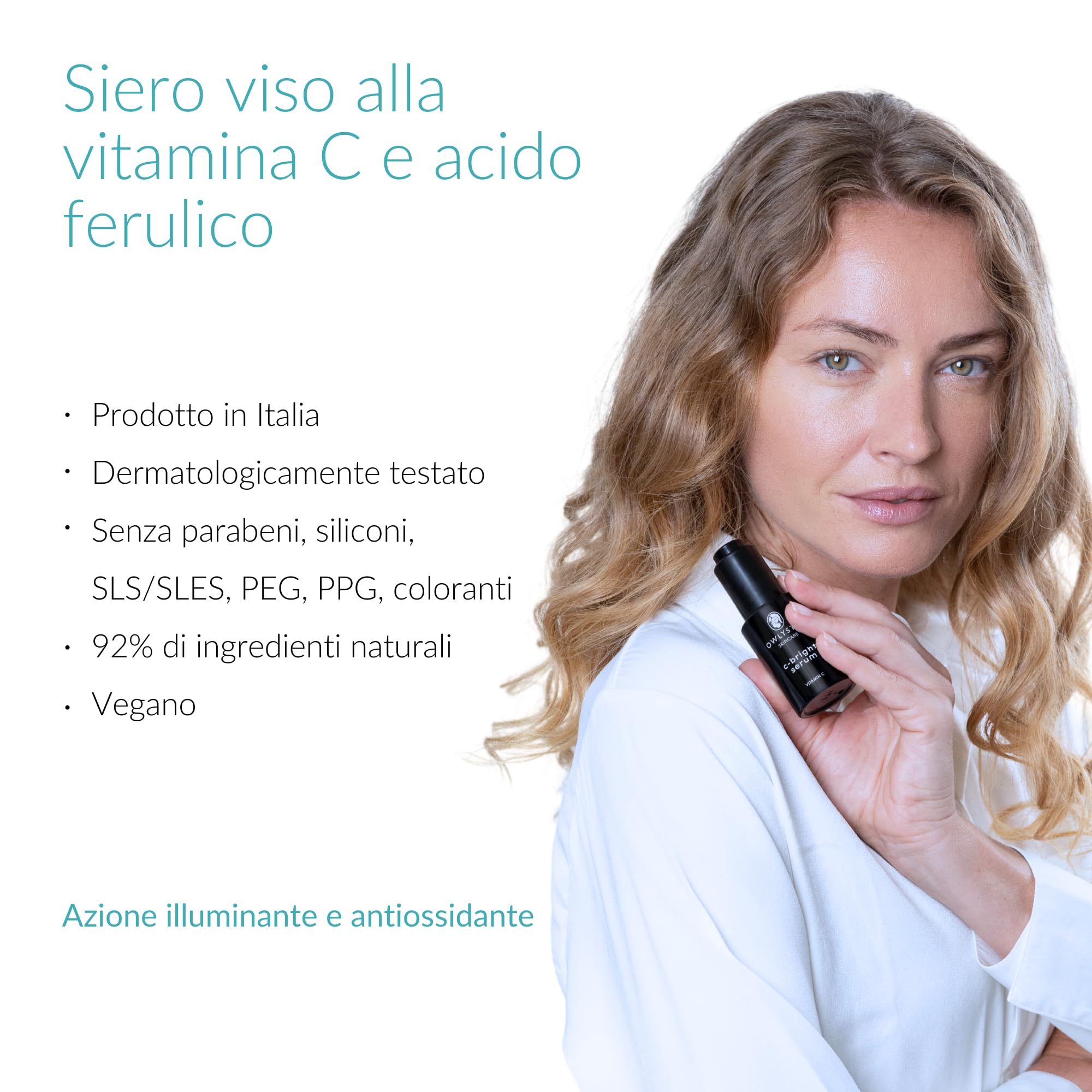 OWLYSTIC Siero Vitamina C e Acido Ferulico Antirughe e Schiarente Antimacchia Viso MADE IN ITALY - Potente Azione Antiossidante per una Pelle Giovane Luminosa e Uniforme 30ml
