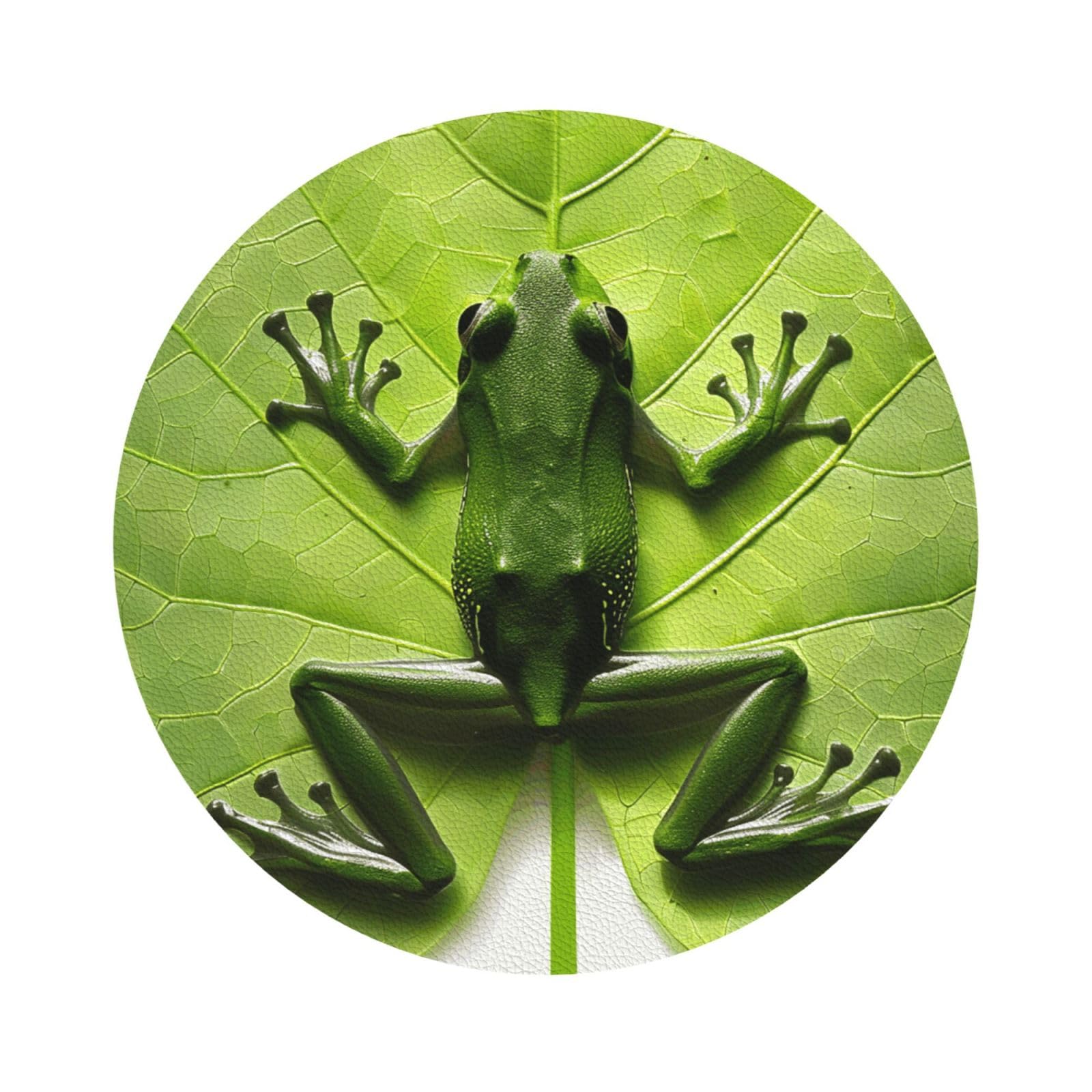 Frog Leaves Print Leather Coaster Set of 6, Round Shape Coasters Table Decorative Coffee Cup Beverage Coasters Wine Beer Bar Coasters for Hot Drinks Table Protection