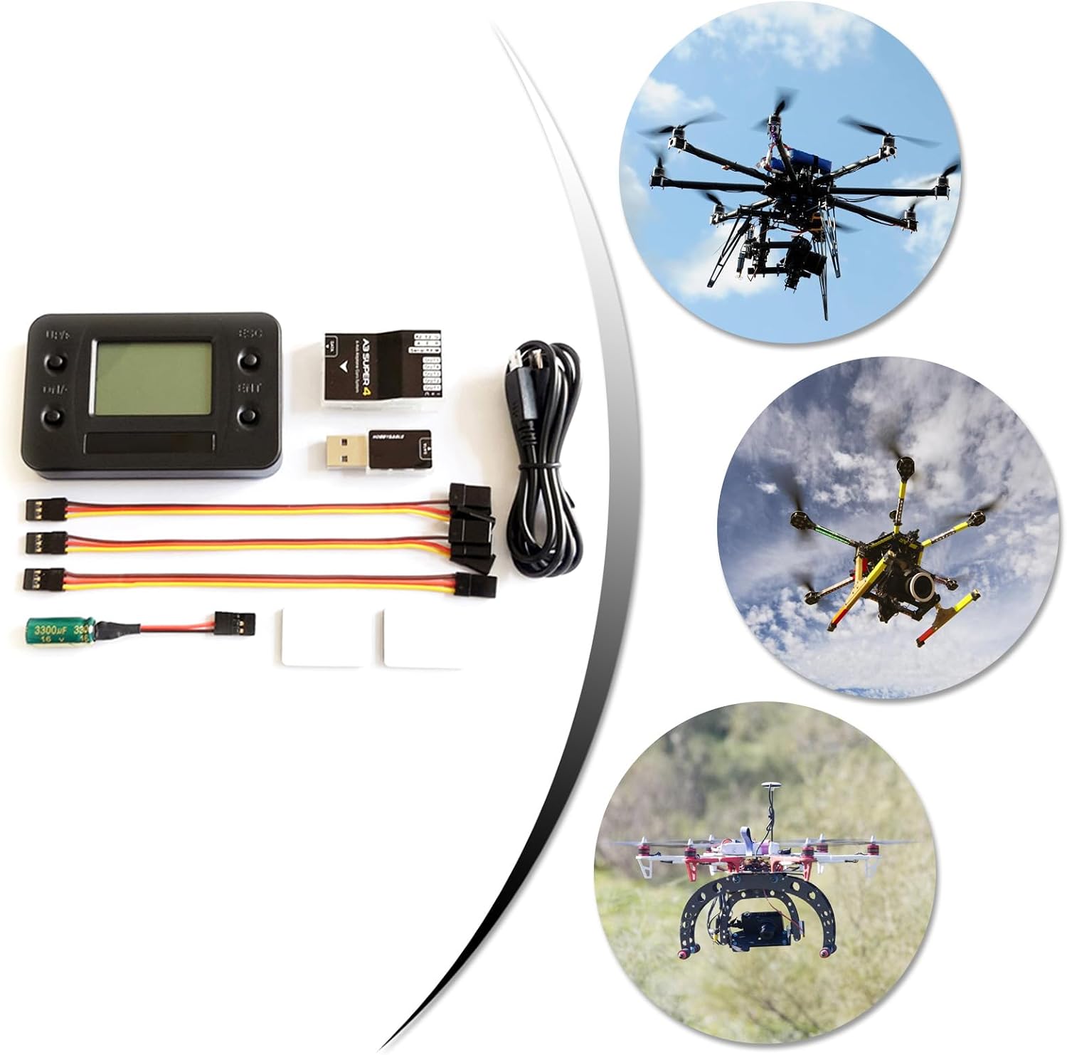 Various drones in flight, demonstrating flight controller application
