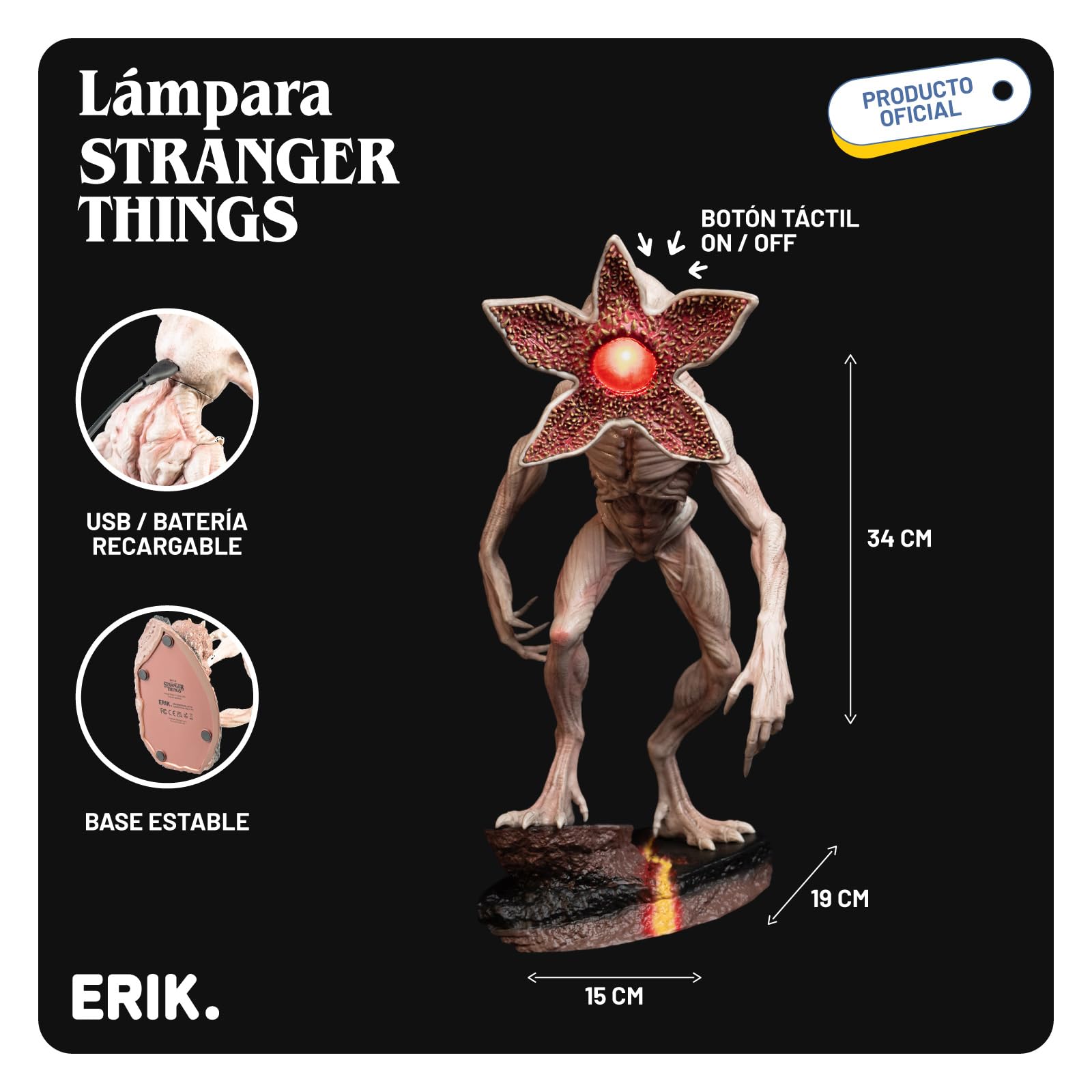 Lampara Stranger Things Demogorgon figura - Lampara Escritorio Gaming o Mesita de noche Con Luz LED roja (USB o Bateria) Decoracion habitacion : Regalo Friki │ Stranger Things Merchandising (34x19 cm)