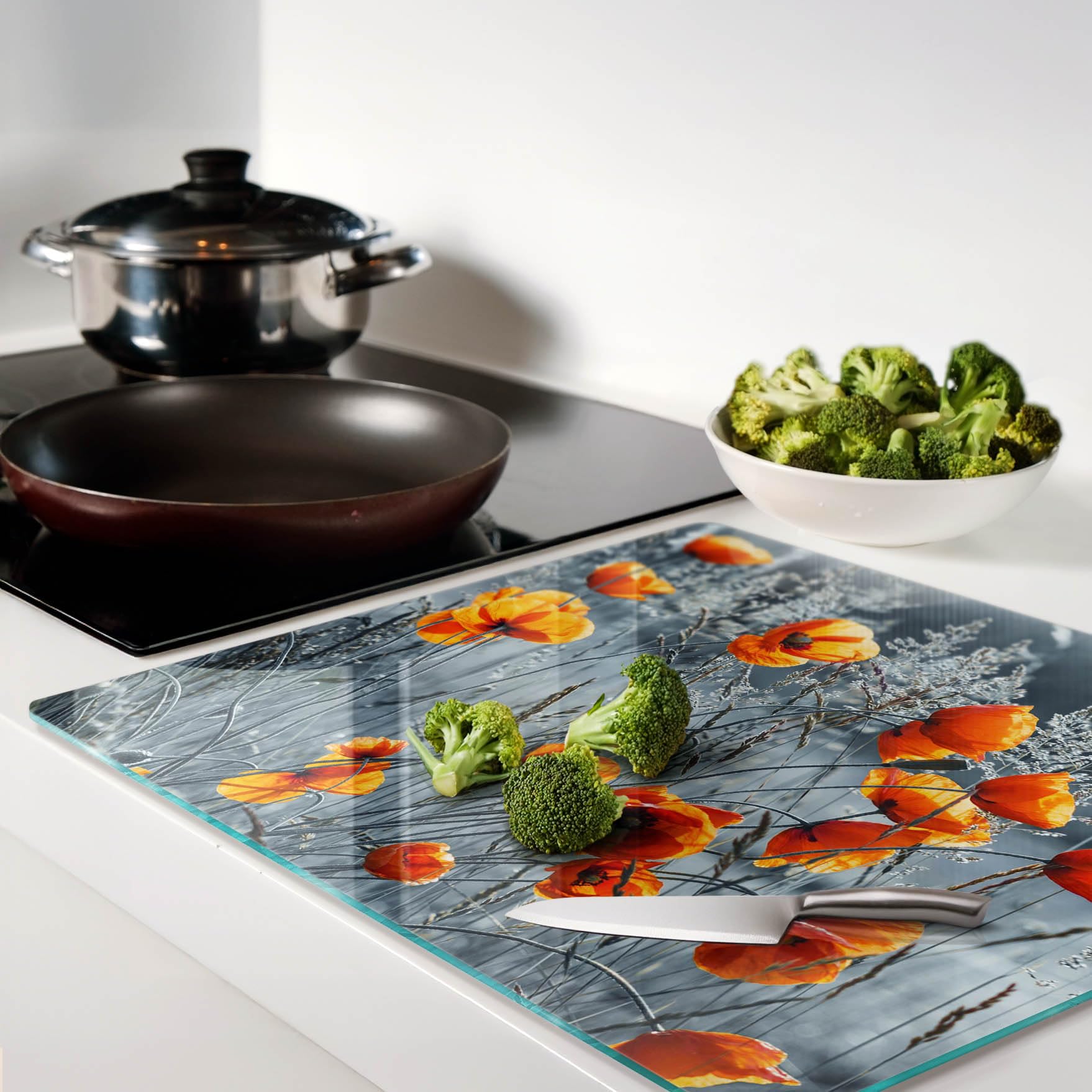 Glasschneidebrett 60x52 cm Dünn Glasplatte Dekorativ Gehärtetes Glas für die Küche Plastikfrei Antibakteriell Lebensmittelecht Rutschfest Silikonfüße Hitzebeständig - Mohnfeld