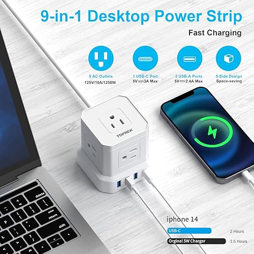Miniatura 3 de Cable de extensión de 25 pies, con 5 salidas de CA, 4 USB, regleta de alimentación USB C (15.5 W3.0 A) con protector de sobretensiones, cable de