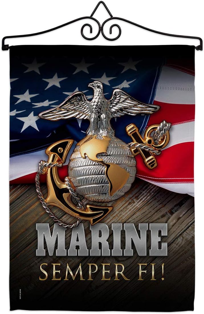 Marine Semper Fi Garden Flag Set Wall Hanger Armed Forces Corps USMC United State American Military Veteran Retire Official Small Decorative Gift Yard House Banner Double-Sided Made in USA 13 X 18.5