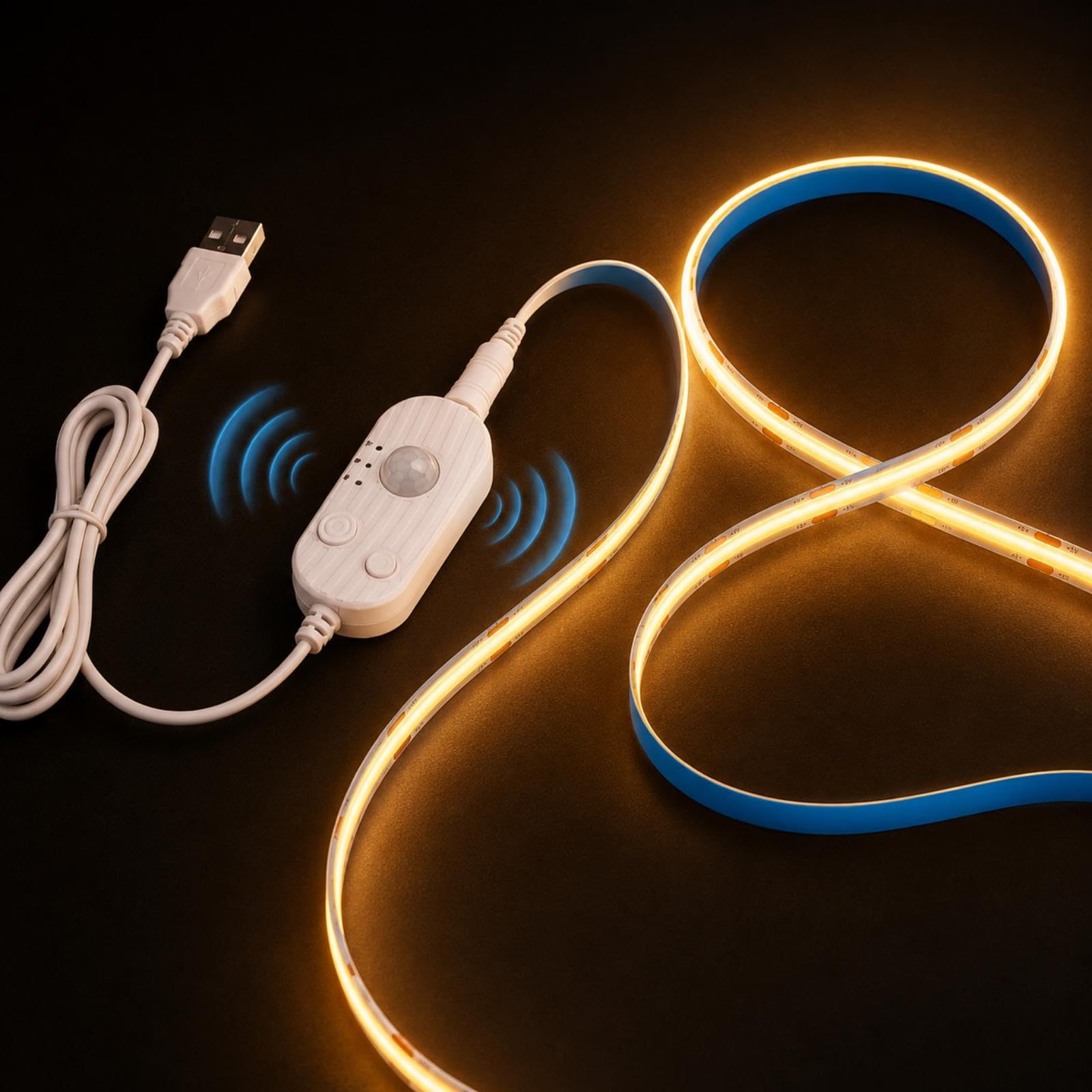 1M Motion Sensor COB LED Strip Light, 5V USB Powered Warm White 2700K LED Tape Dimmable Movement Activated Auto ON/Off, 320LEDs, Light Indoor Under Bed Lights for Stairs Closet Mirror DIY Lighting