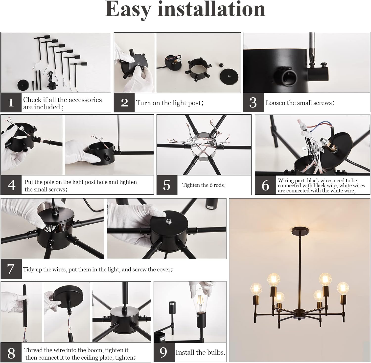 ASGYISA 6-Ceiling Light Black Sputnik Chandelier Metal Modern Semi Flush Mount Fixture Pendant Lights Industrial Farmhouse for Bedroom Kitchen Dining Room Living Room Laundry Room E26 Base