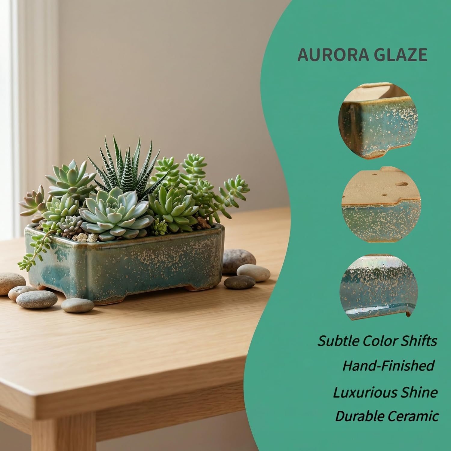 Ceramic Bonsai Pot Set - 6.3" Rectangular Planter with Drainage Tray, Handmade Kiln-Glazed, Indoor/Outdoor for Succulents, Herbs, Bonsai | Unique Gift for Plant Lovers