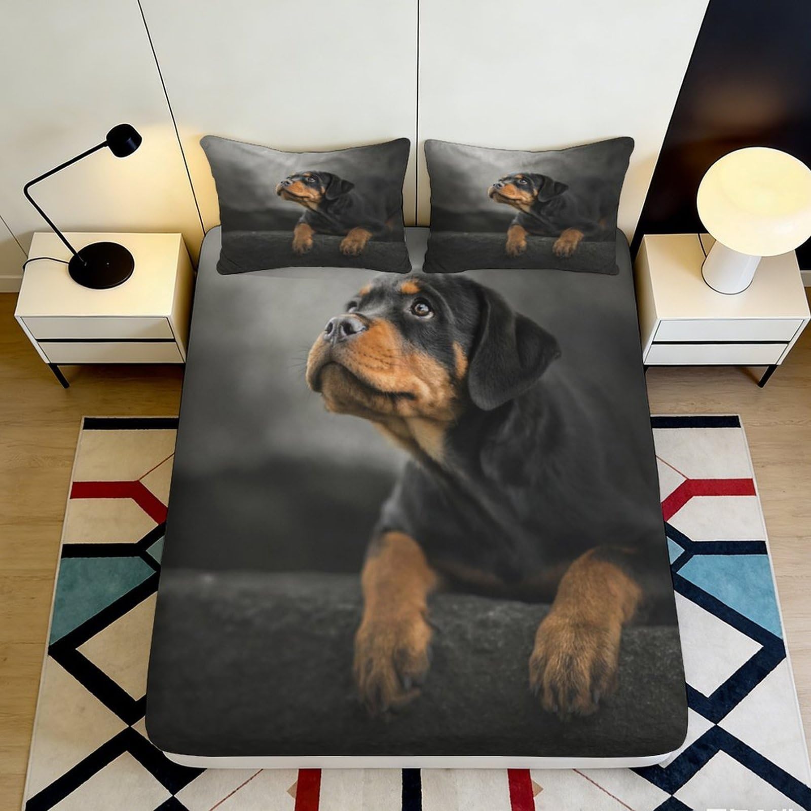 3D Printed Rottweiler Dog Fitted Sheet Microfiber Soft Breathable Puppy Print Bed Cover for Bedroom Dormitory Guest Room Mattress Protection Decor 90x200x25cm