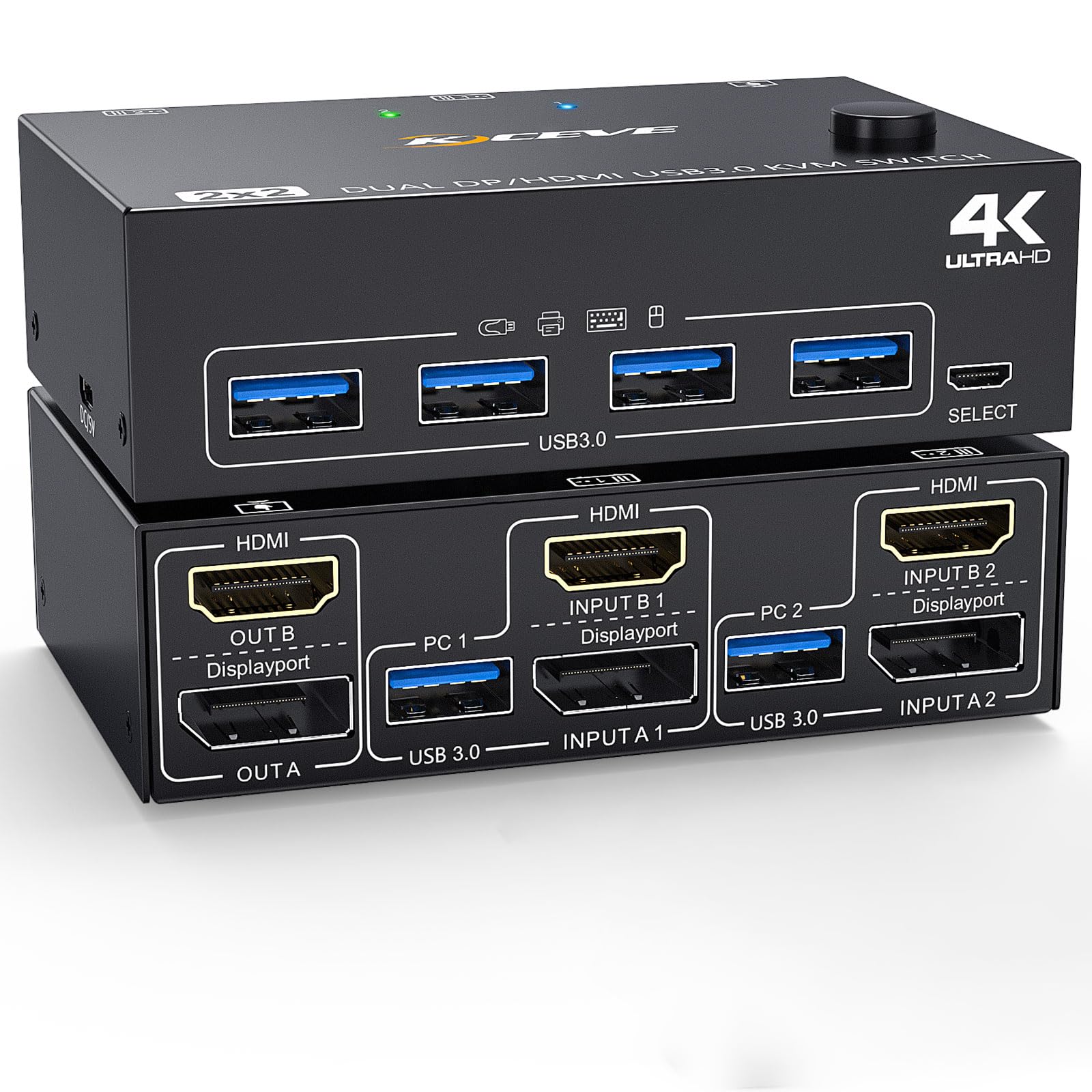 Switch KVM 4K @ 60Hz DP HDMI 2 PCs 2 moniteurs, commutateur KVM double moniteur 2 PC avec 4 ports USB 3.0 communs, y compris HDMI, DP et câble USB, ainsi que télécommande filaire