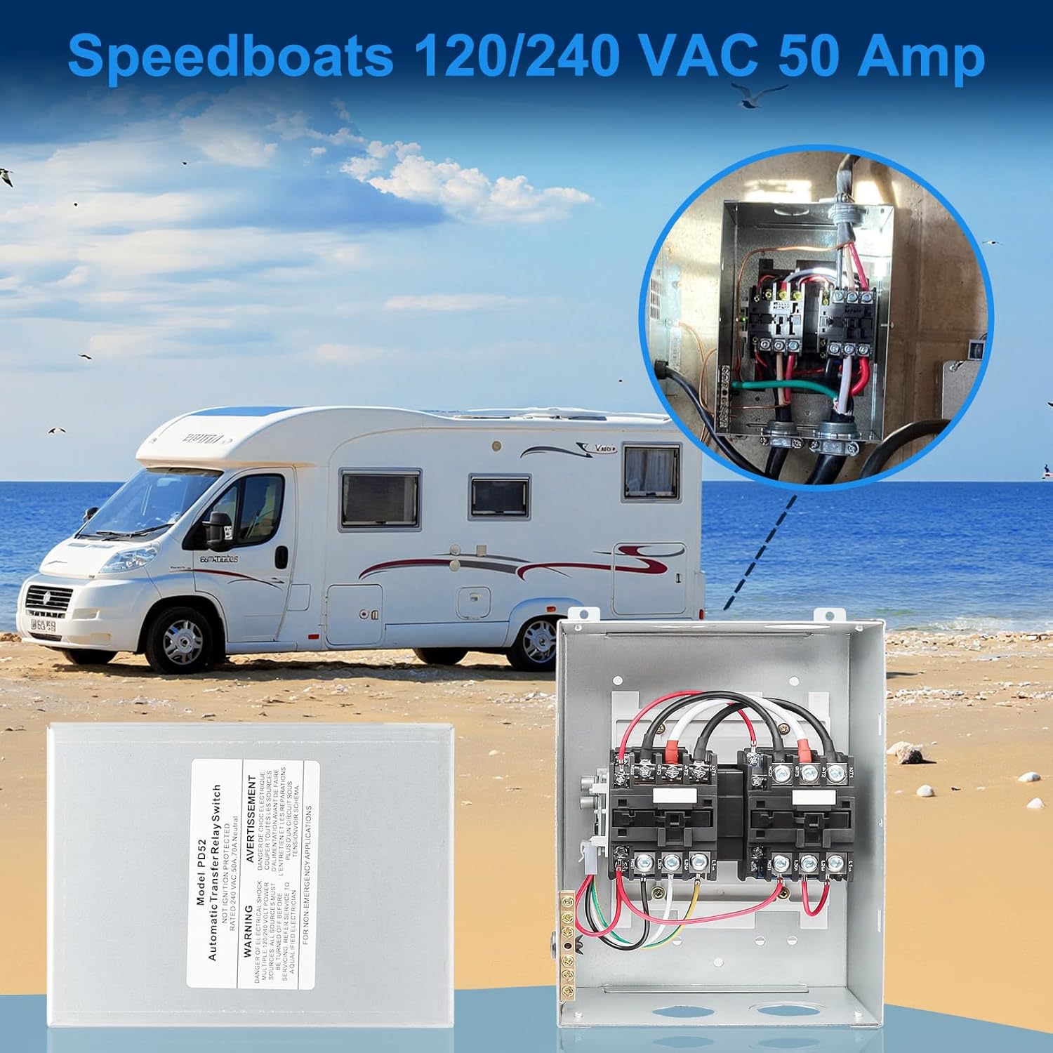 RV 50 Amp Transfer Switch Automatic Transfer Switch for RV Speedboats Home Standby, PD52 Power Supply 120/240 Volt Dual Protection