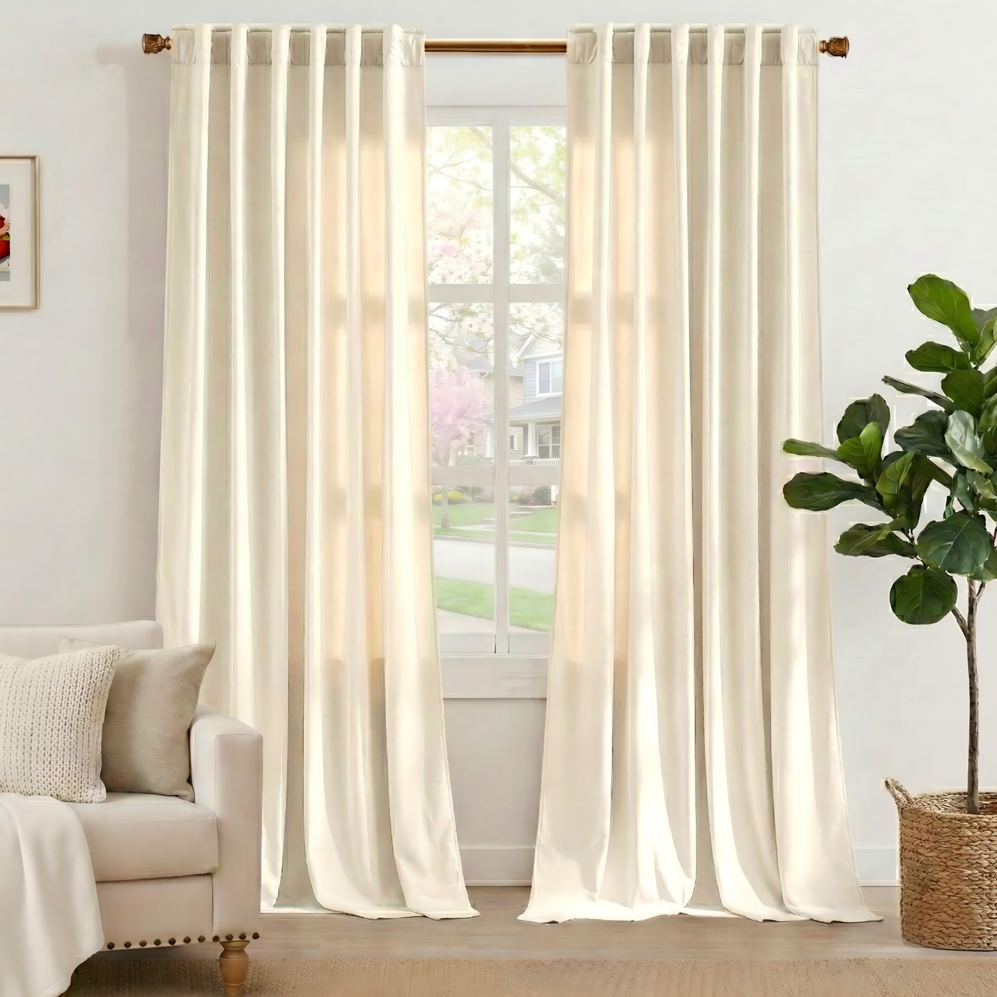 NICETOWN Thermal Insulated Velvet Curtains Ivory 96 Inch Length, Heavy Duty Keep Warm Drapes Room Darkening Thermal Insulated Curtains for Patio Hall