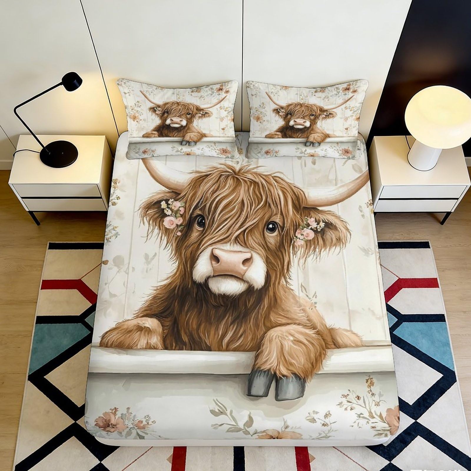 3D Printed Highland Cow Fitted Sheet Microfiber Soft Non Slip Pastoral Animal Mattress Cover for Bedroom Decor 90x200x25cm