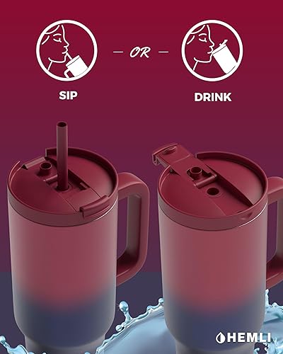 Miniatura 4 de Vaso de 40 onzas con asa y popote, vaso aislado con tapa 2 en 1 y popote a prueba de fugas, reutilizable y portátil, taza de viaje de acero