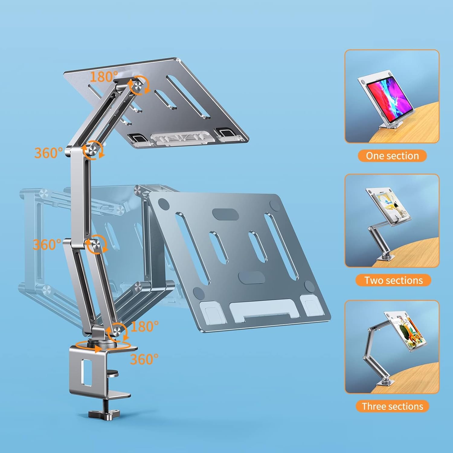 Tablet Stand for Desk, Aluminum Alloy Tablet Holder for iPad, 360 Degree Rotatable Overhead Arm Mount for Bed, Book Stand for Reading, Compatible with 7-15.6 Inches Tablets (Silver)