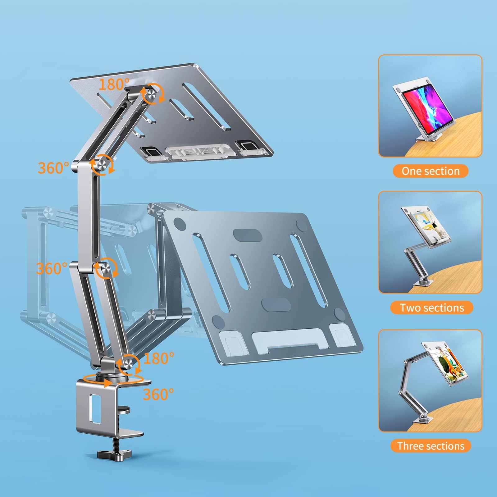 Tablet-Ständer für Schreibtisch, Aluminiumlegierung, Tablet-Halterung für iPad, 360 Grad drehbare Überkopfarmhalterung für Bett, Buchständer zum Lesen, kompatibel mit Tablets von 7 - 15,6 Zoll