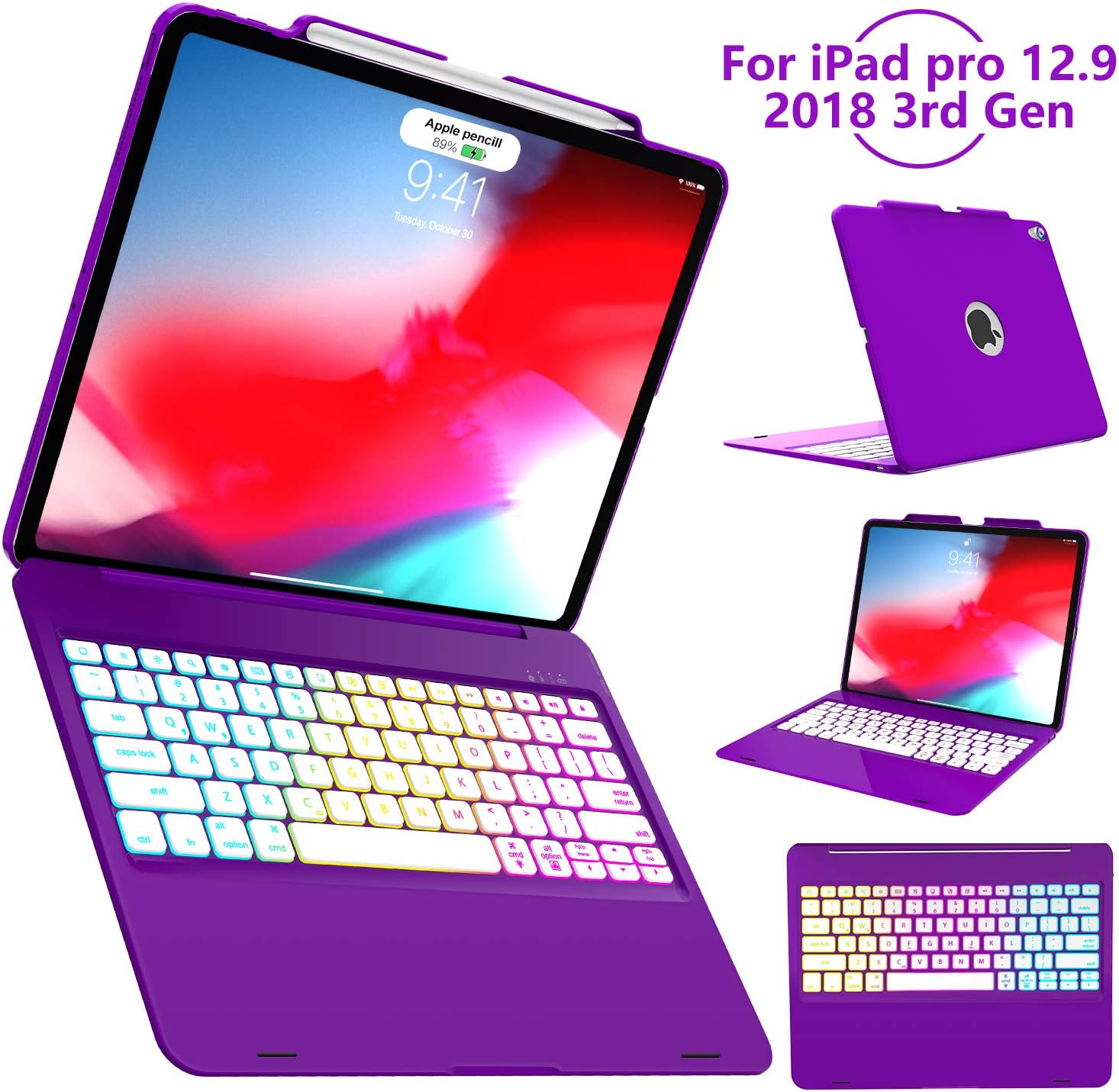 iPad Pro 12.9 Keyboard Case 2018 3rd Gen -[Support Apple Pencil Charging], 7 Color Backlit Wireless Keyboard with 135° Smart Folio Hard Back Cover, Ultra Slim,Auto Sleep/Wake(Not for 2017/2015, Purple