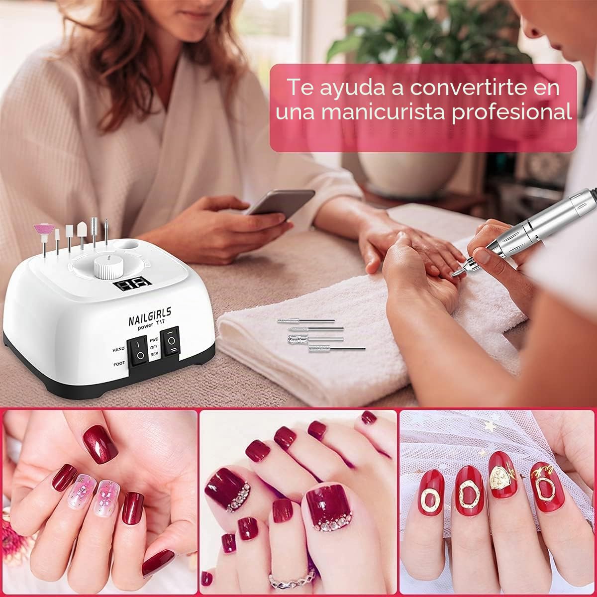 Torno de Uñas Profesional 35000RPM,NAILGIRLS 11 en 1 Torno para Uñas Acrilicas,Torno Electrico para Uñas con Pantalla y Pedal,Baja Vibración Torno Profesional para Uñas Tornos para Manicura y Pedicura