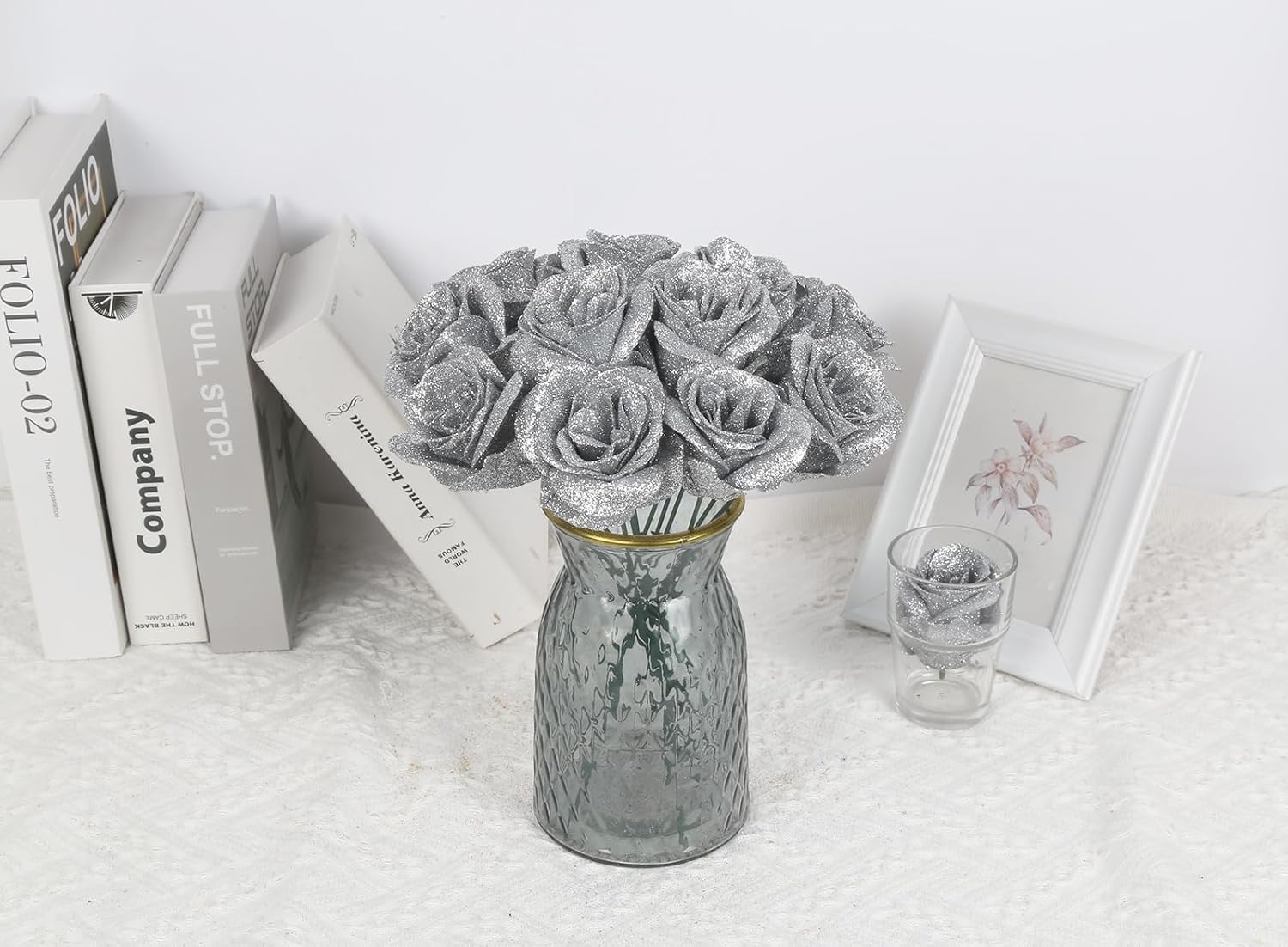 30PCS Silver Roses Artificial Flowers Fake Glitter Roses Silk Flower for DIY Crafts Wedding Bouquet Party Home Decor(Silver)