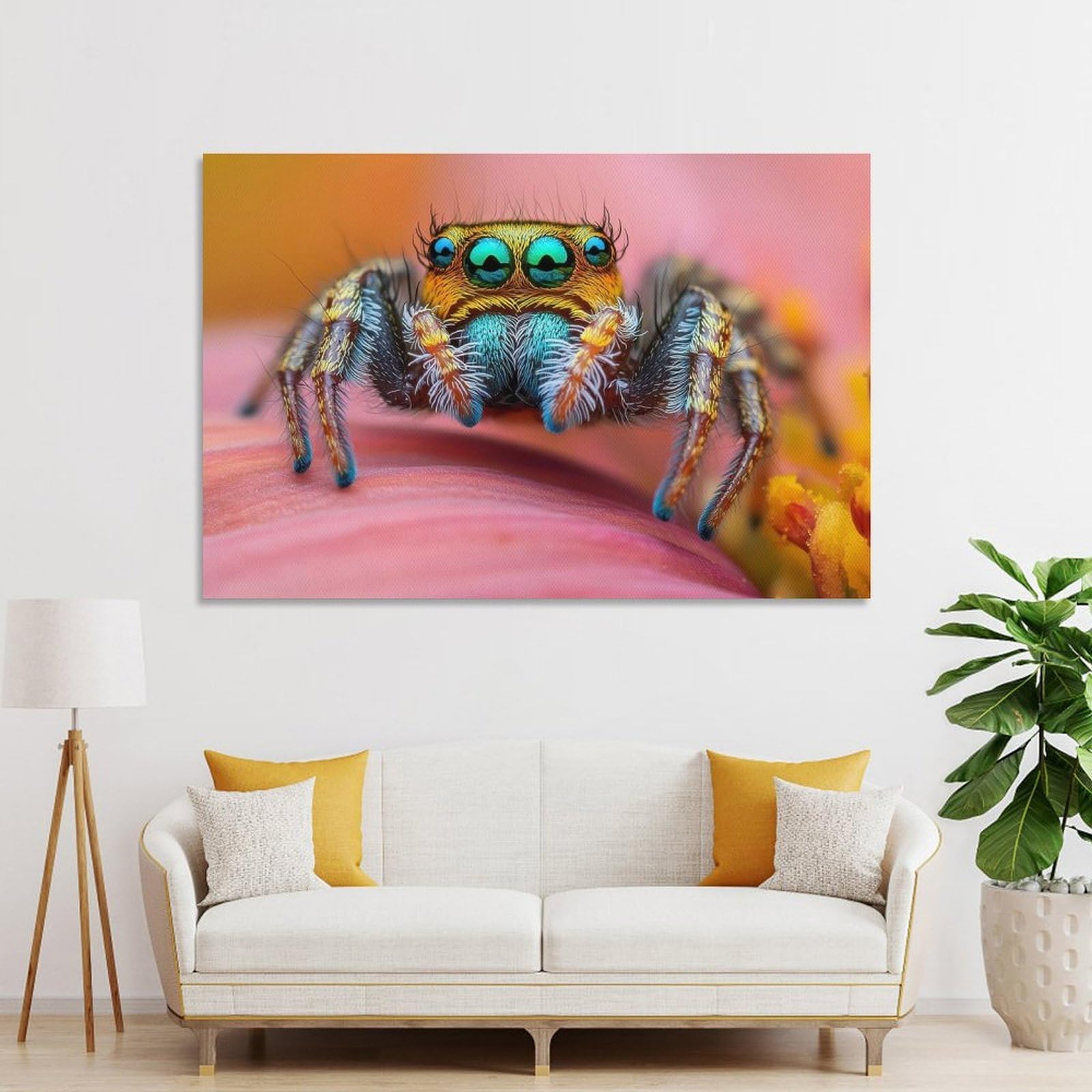 Junmoney Colorful Jumping Spider Macro Canvas Wall Decor, 20x30inch(50x75cm), for Home Lounge, Bedroom Or Reading Nook, Modern Wall Decor for Cosy Interiors
