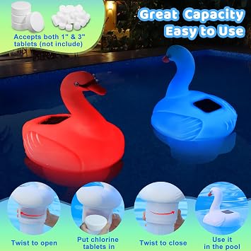 Pool Chlorine Floater, Solar Swan Chlorine Floater with Adjustable Release, Floating chlorines Dispenser with Colorful Light, Easy Opening Solar chlorines floaters for Hot Tub