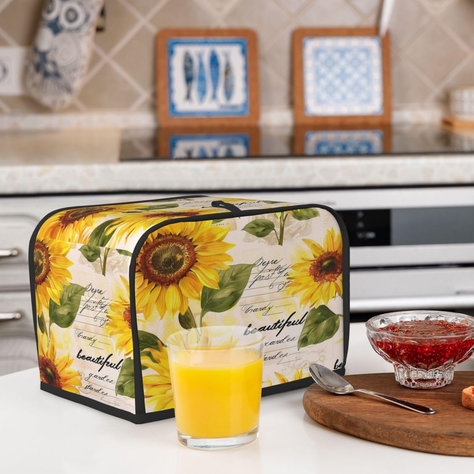 Cubierta retro para tostadora de girasoles florales de 2 rebanadas, ranura ancha, a prueba de polvo, impermeable, con lazo para colgar, protector de tostadora de panadería 6