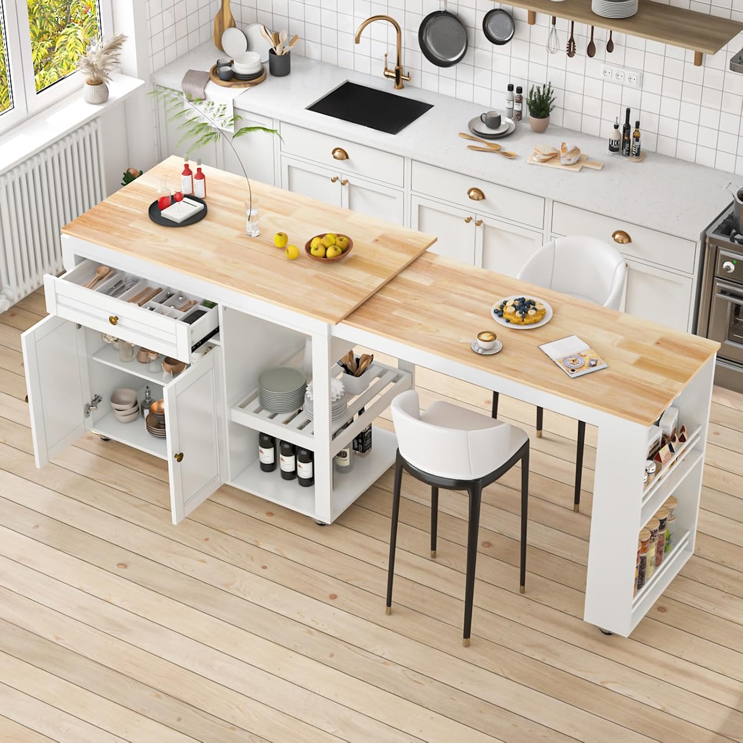 81.5" Kitchen Island with Extendable Dining Table, Rolling Kitchen Cart on Wheels with Spice Rack, Drawer and Door Cabinet for Dining Room, White