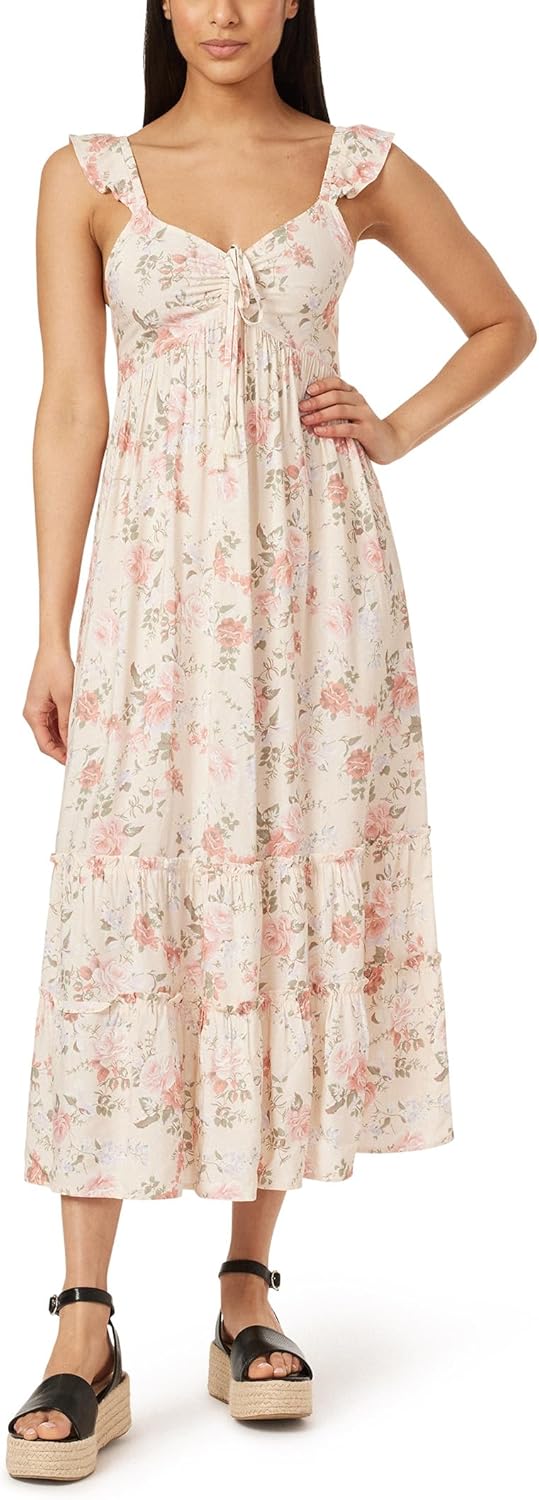 WallFlower Womens Lauren Rayon Challis Babydoll Ruched Front Maxi Dress