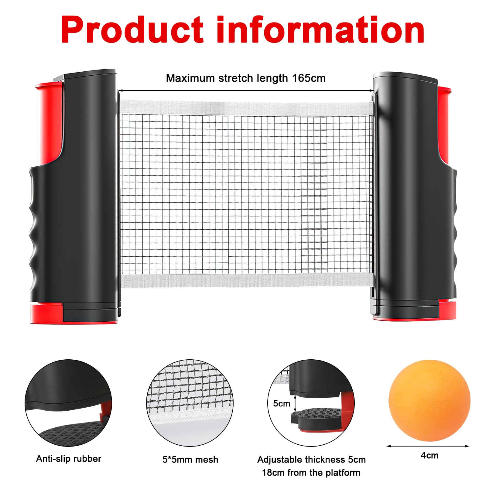 Rete da ping pong allungabile, portatile, rete da ping pong con 5 palline da ping pong, rete di ricambio portatile per principianti ed esperti, per esterni e interni, lunghezza massima 165 cm