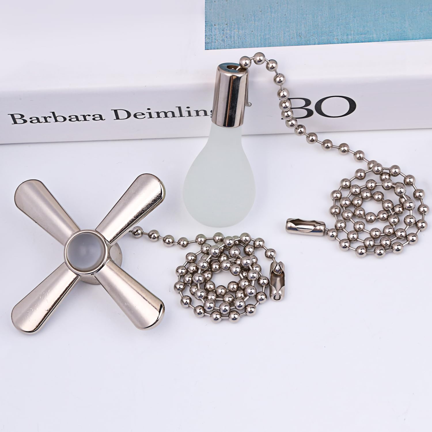 2Pack Silver Ceiling Fan Pull Chains,3mm Diameter Beaded Decorative Light Pull Chain Pendant Extension, Fan and Bulb Shaped Ornaments Cord Extender