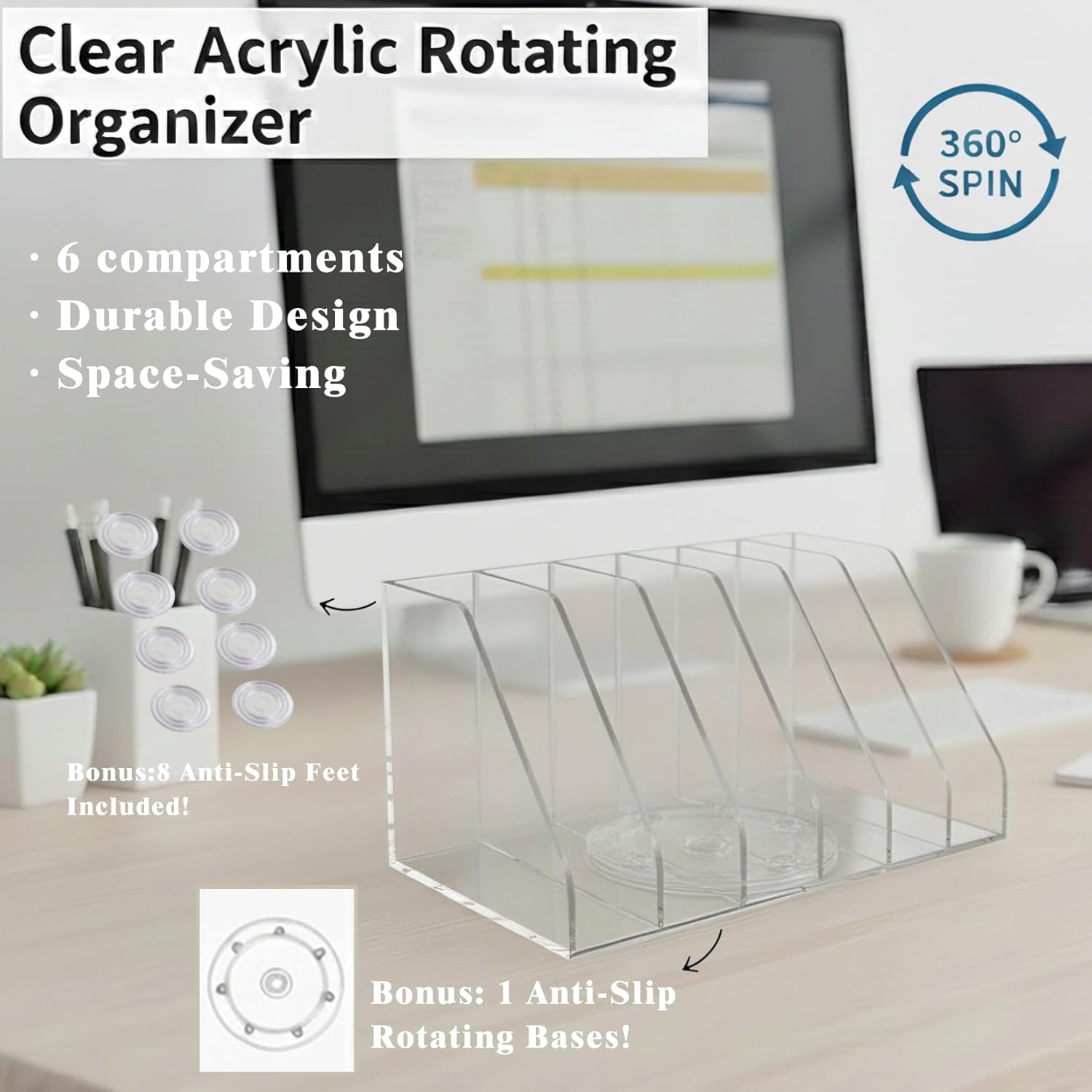 LIYAOLI Rotating Acrylic Book Organizer, 360° Spinning 6 Compartments Desktop Magazine File Holder, Vertical Storage for Books, Binders, Notebooks & Magazines, Clear Desk Organizer for Home Office