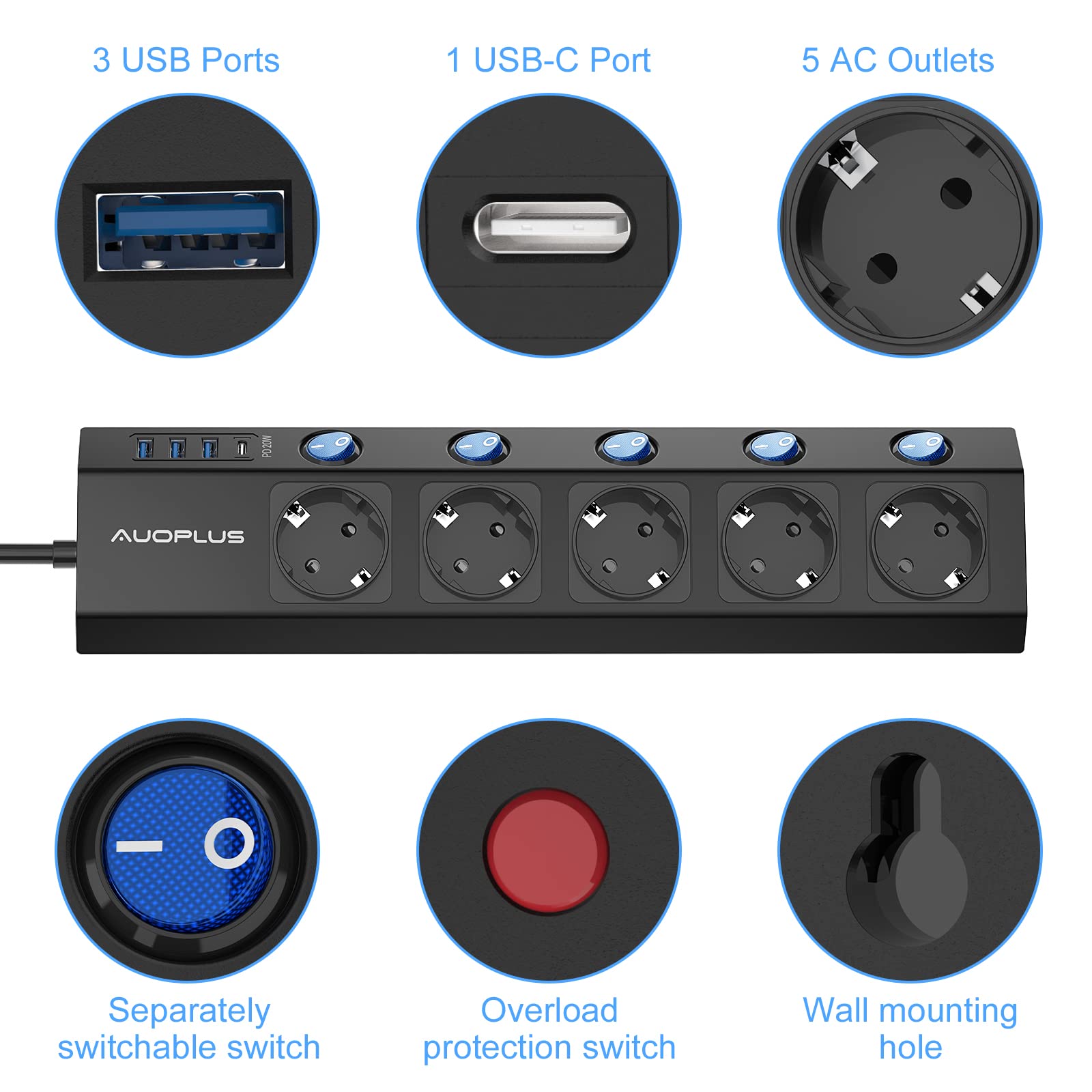 Multiprise commutable individuellement, 5 prises, montage mural, avec 1 chargeur rapide USB-C (PD 20 W) et 3 multiprises USB, multiprise avec protection contre les surtensions (3680 W/16 A), câble de