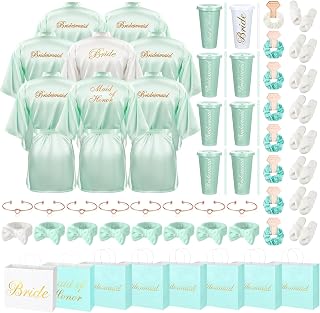56 Pcs Bridesmaid Bride Robes Set of 8 Bridal Party Silk Satin Robes for Wedding Bachelorette Party Gifts(White,Sage Green)