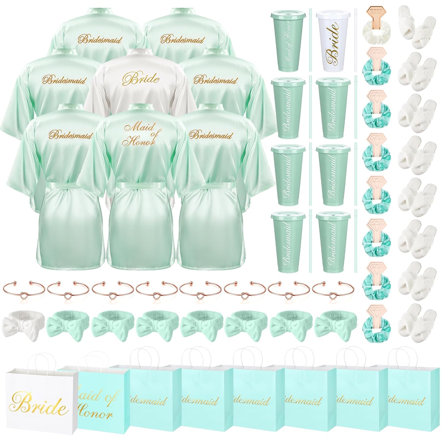 Shyyween 56 Pcs Bridesmaid Bride Robes Set of 8 Bridal Party Silk Satin Robes for Wedding Bachelorette Party Gifts(White,Black)