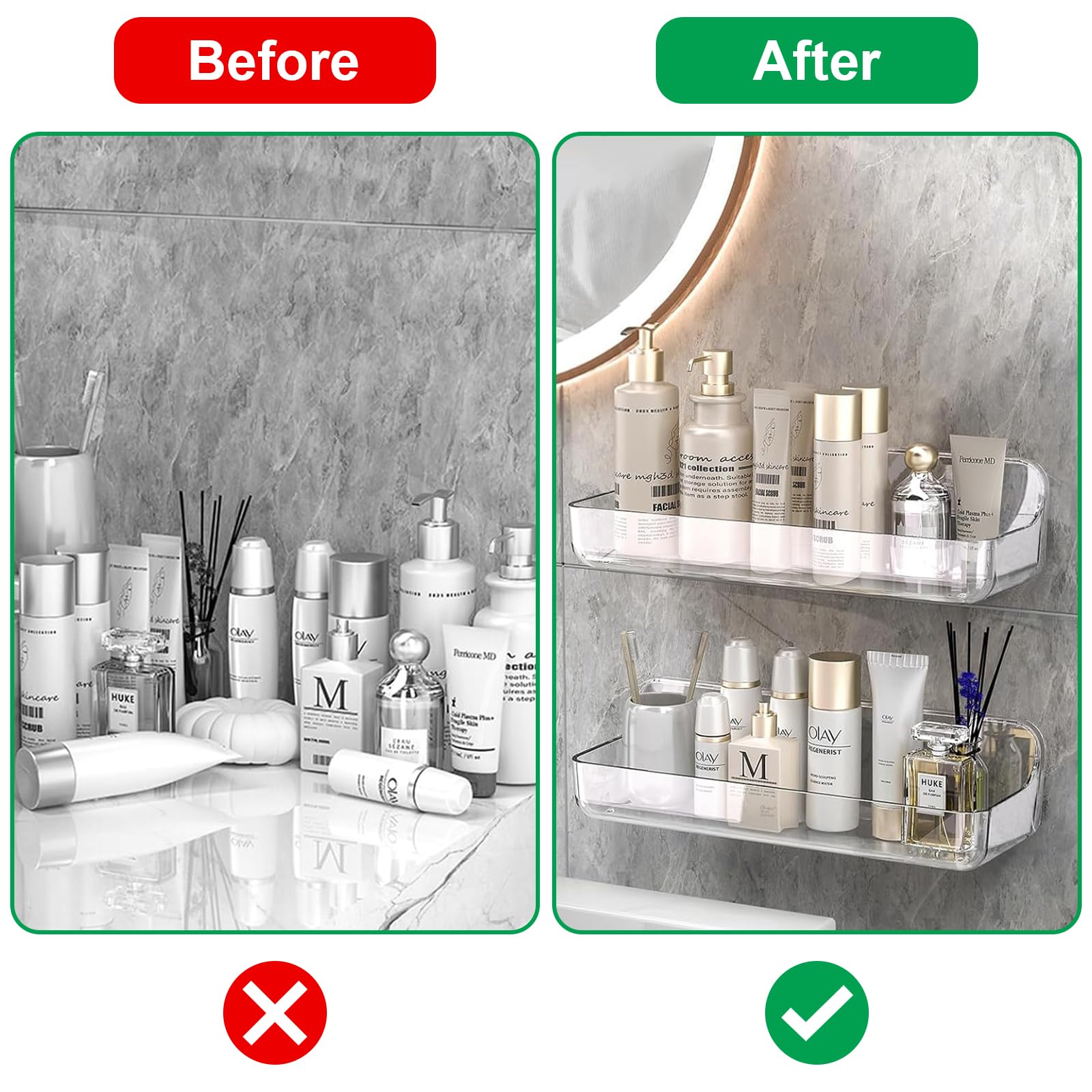 CGBE Mensola per Doccia Senza Foratura, Confezione da 2 Mensole per Bagno, Cestini per Doccia, Mensole per Bagno in Plastica Autoadesive con Montaggio a Parete per Bagno e Cucina.(Clear, Large*2)