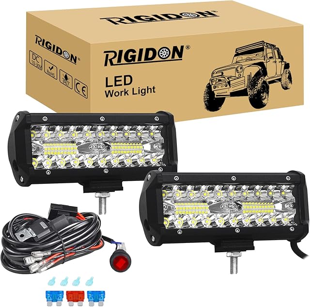 RIGIDON 8D 2Pcs 7 inch 120W Led Work Light Bar With 12V Wiring Harness Cable Kit, Tri Row Fog Light for Car Off road Truck ATV 4x4 Boat, Flood Spot Combo, Waterproof Driving Lighting, 6000K White