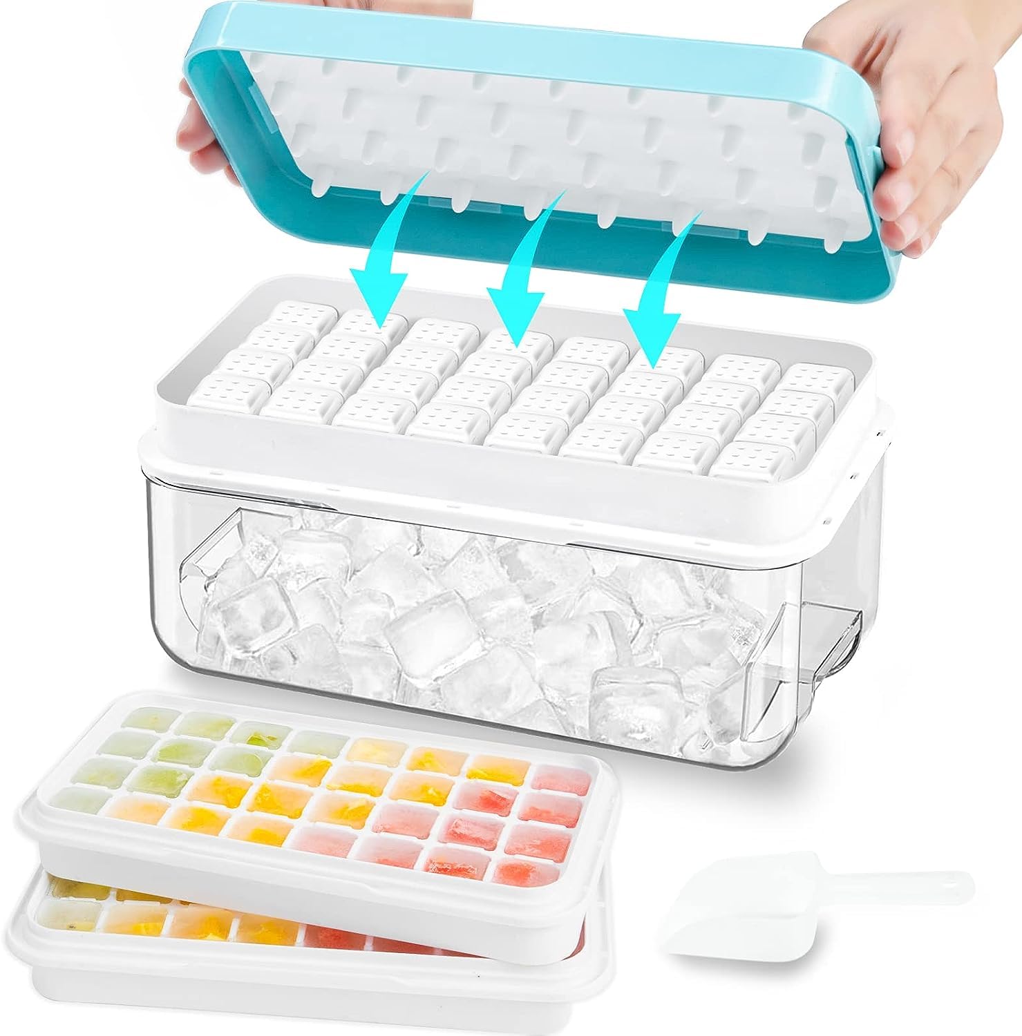 Ice Cube Tray with Lid and Bin, 64 pcs Ice Tray Kit with Ice Scoop, Ice Cube Pop Out Tray, Ice Cube Trays for Freezer, Ice Cube Molds, BPA Free, Easy Release Stackble Spill-Resistant