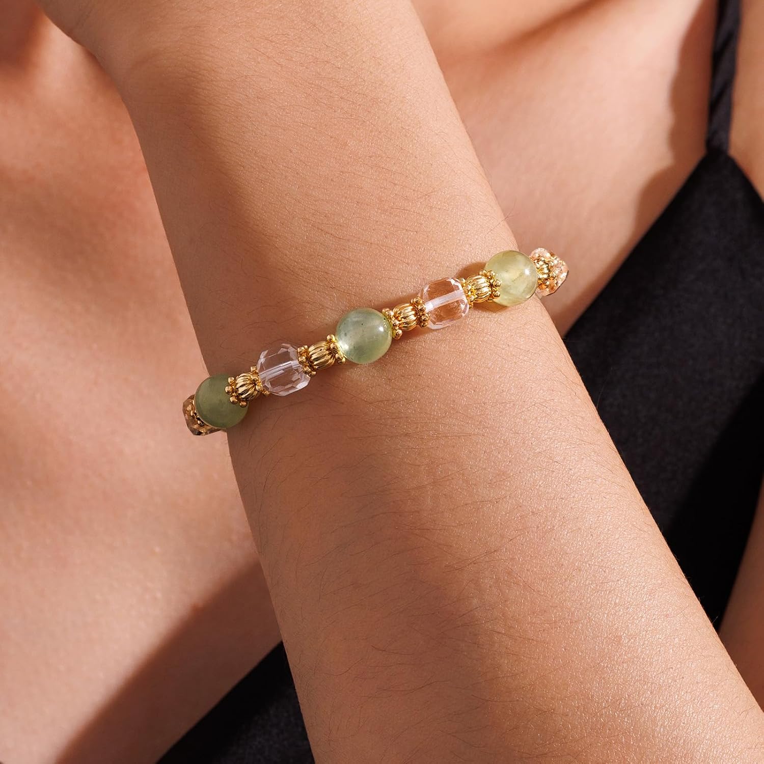Natural Quartz Crystal 8mm Bead Strand Bracelet for Women Gift (Prehnite)