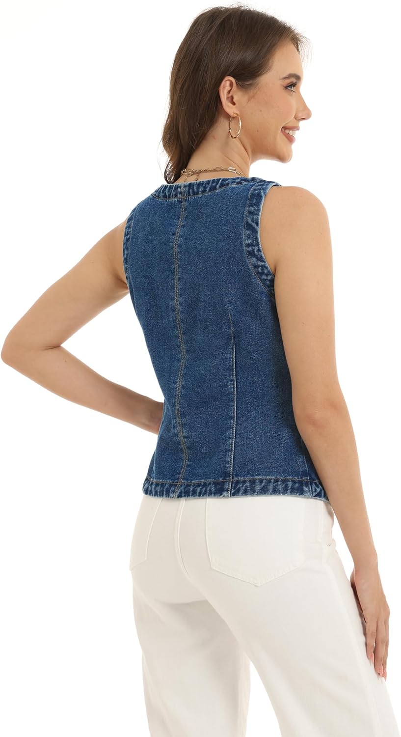 D-Sun Women Sleeveless Denim Vest Crewneck Button Down Jean Waistcoat Casual Front Slit Slim Denim Tank Top - Image 3