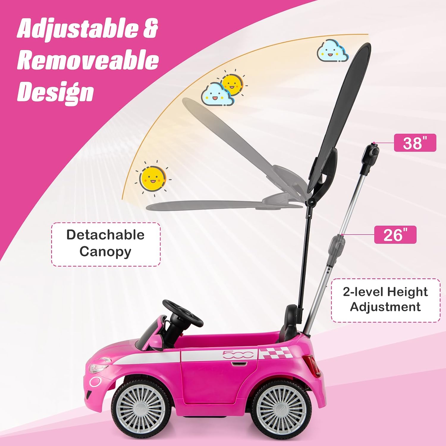 OLAKIDS Push Car for Toddlers, 3 in 1 Licensed Fiat 500e Baby Sliding Walking with Parent Control Handle Adjustable Canopy Footrest, Kids Ride on Toys with Horn for Boys Girls (Pink)