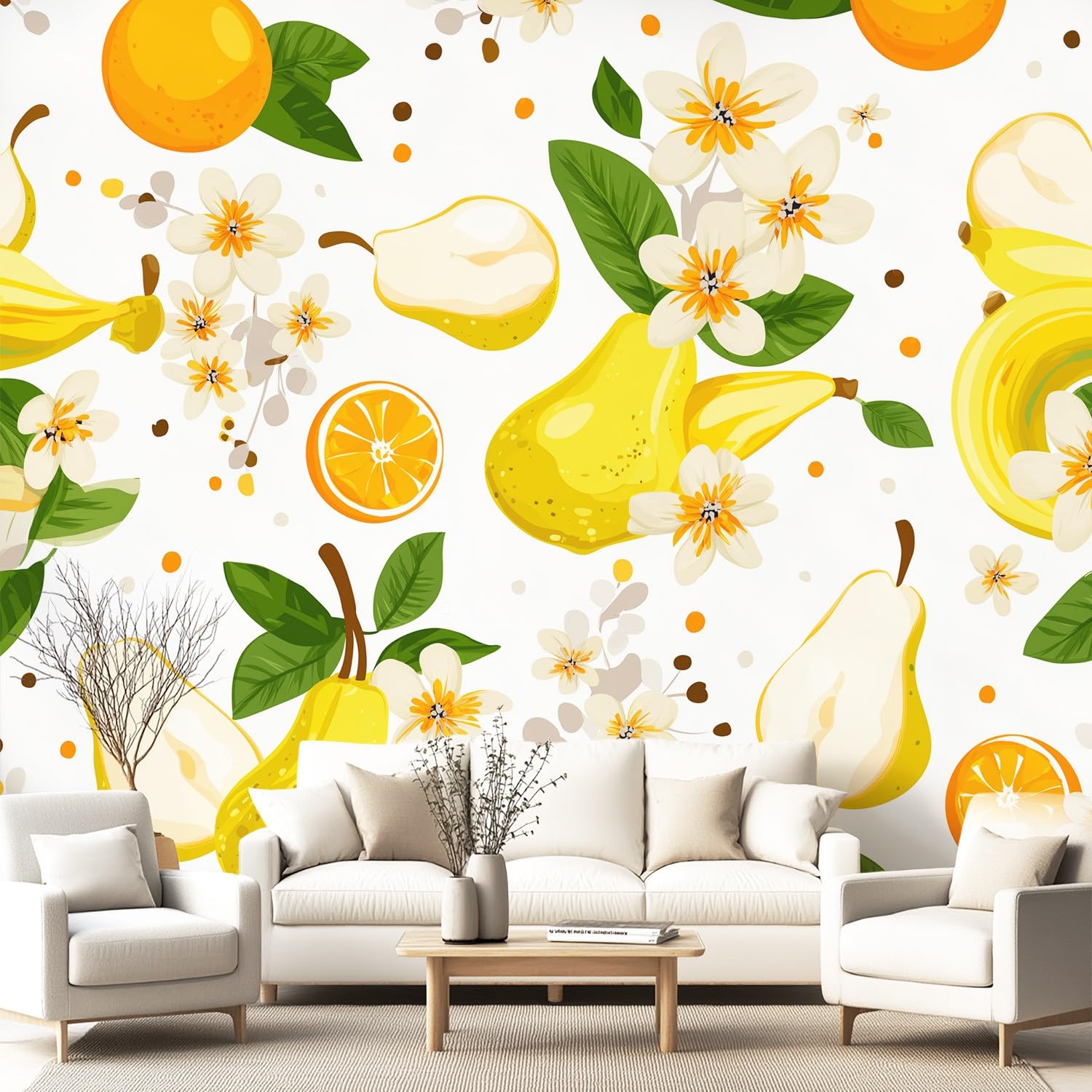 Generisch Tapete Nordisch, Frisch, Früchte - Gelbe Birne, Orange, Blumenmuster Muster- Vliestapete Wand Deko Mustertapete Modern Wandtapete Wanddeko - Motivtapeten - 300 x 210 cm