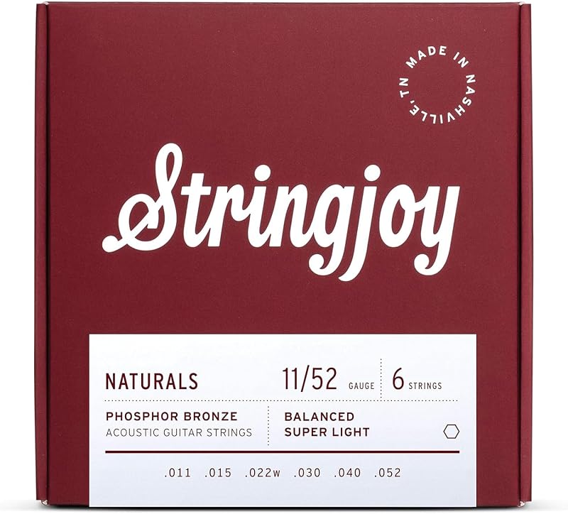 Stringjoy Naturals 11-52 Balanced Super Light Gauge guitar strings – Phosphor Bronze Acoustic Guitar Strings - Optimal Tension & Tone for Lead, Rhythm, and Fingerstyle, Acoustic 6 String Set, 1-Pack