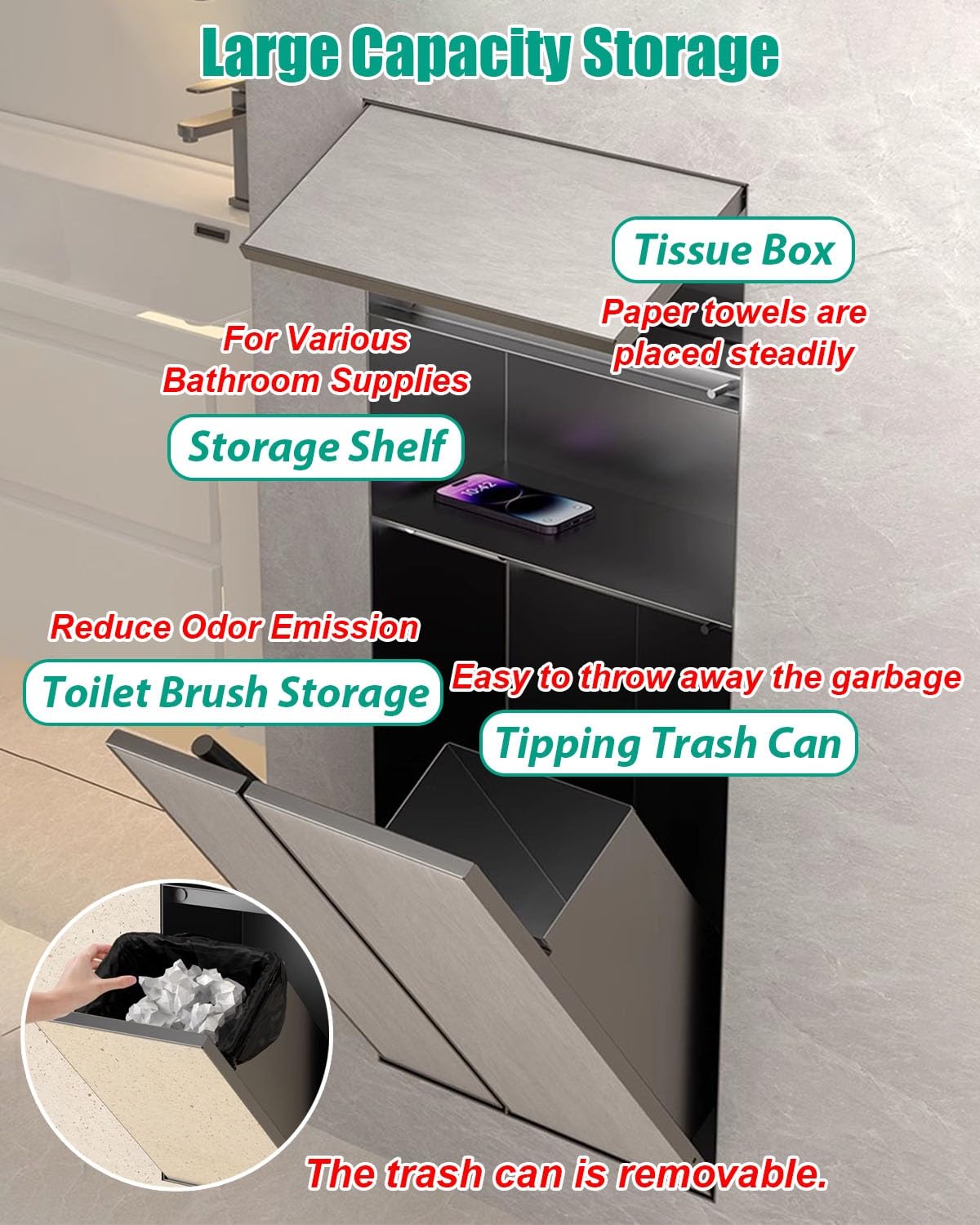Vibeo Wandnische Dusche Versenkter Toilettenpapierhalter mit Abfalleimer, Toilettenpapiernische in Der Wand mit Spender, Eingelassene Wandregale für Das Badezimmer