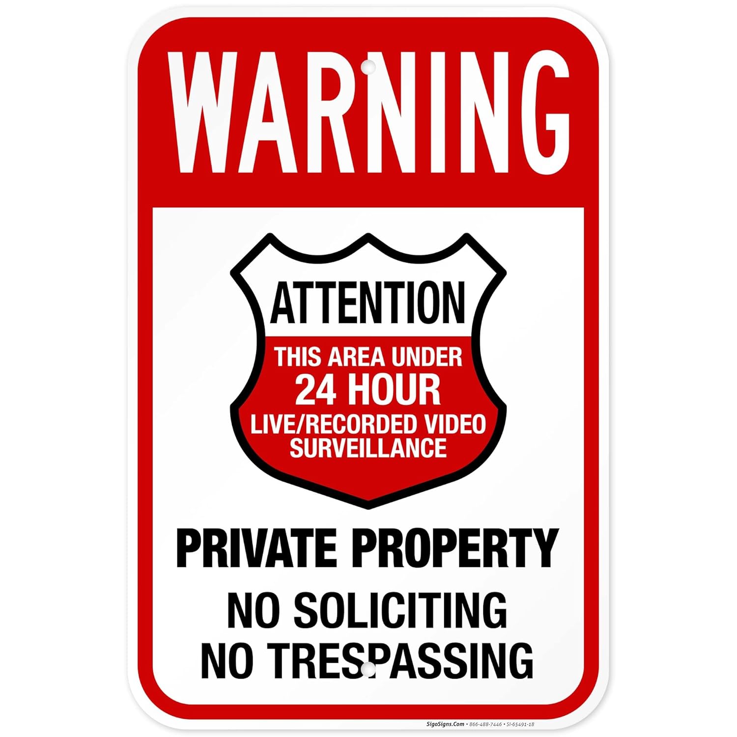 Warning Private Property No Soliciting No Trespassing Attention This Area Sign, 12x18 Inches, Rust Free .063 Aluminum, Fade Resistant, Made in USA