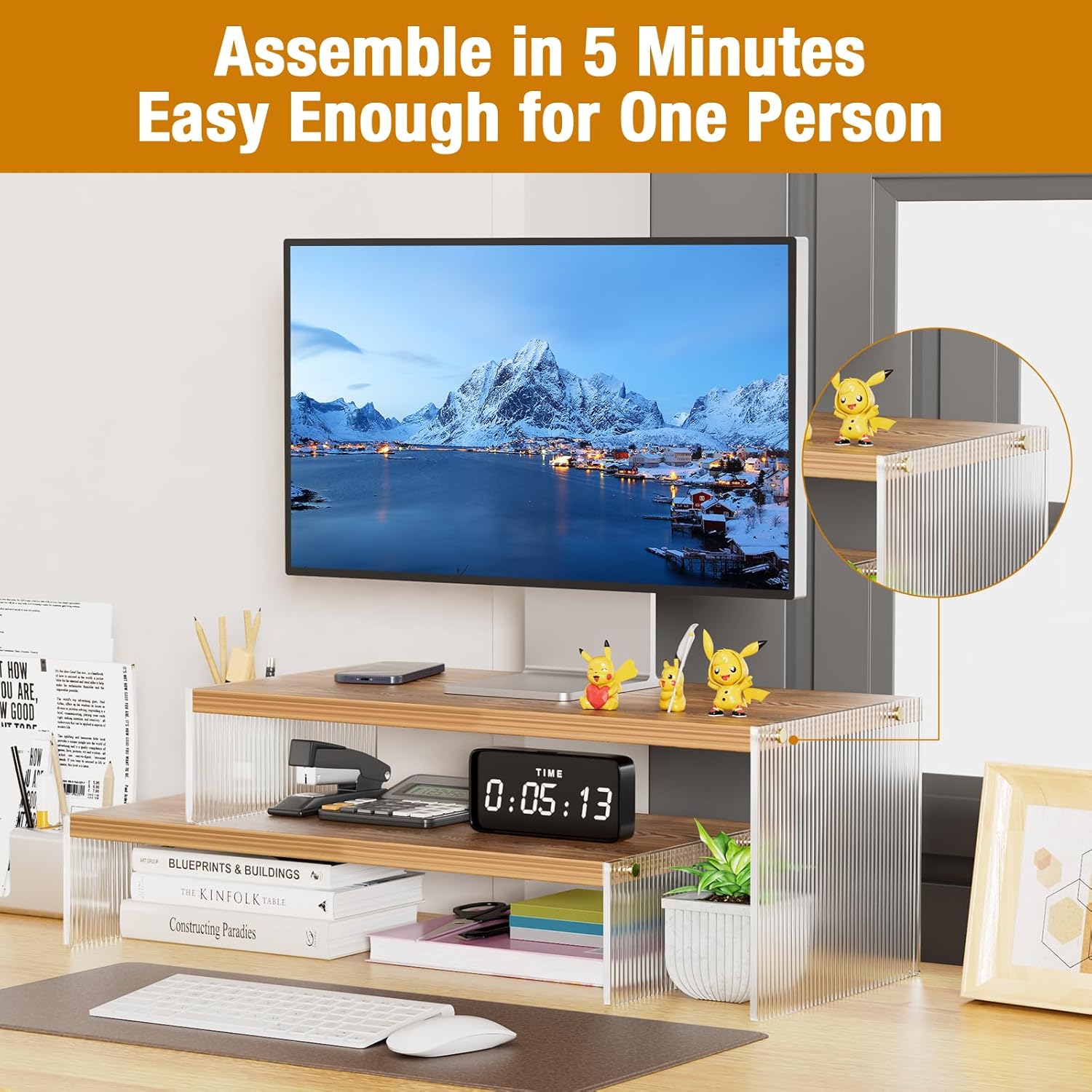 Adjustable Monitor Stand Riser with Acrylic Legs丨15.74" Length Dual Monitor Stand for Desk丨2-Tier Wood Desktop Organizer for Computer, Laptop, Printer & PC丨Modern Aesthetic Desk Shelf(wood-wavy)