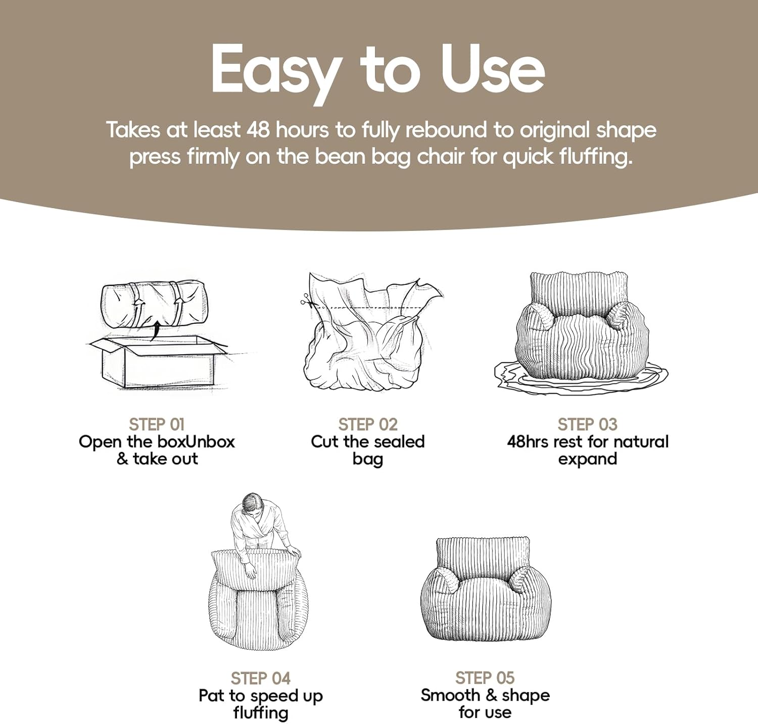 Giant Bean Bag Chair Sofa for Adults & Teens, Upgraded High Support Cushion with Solid Block Foam, Comfy Corduroy Lazy Sofa with Armrests for Living Room Bedroom Gaming Room (Gray)