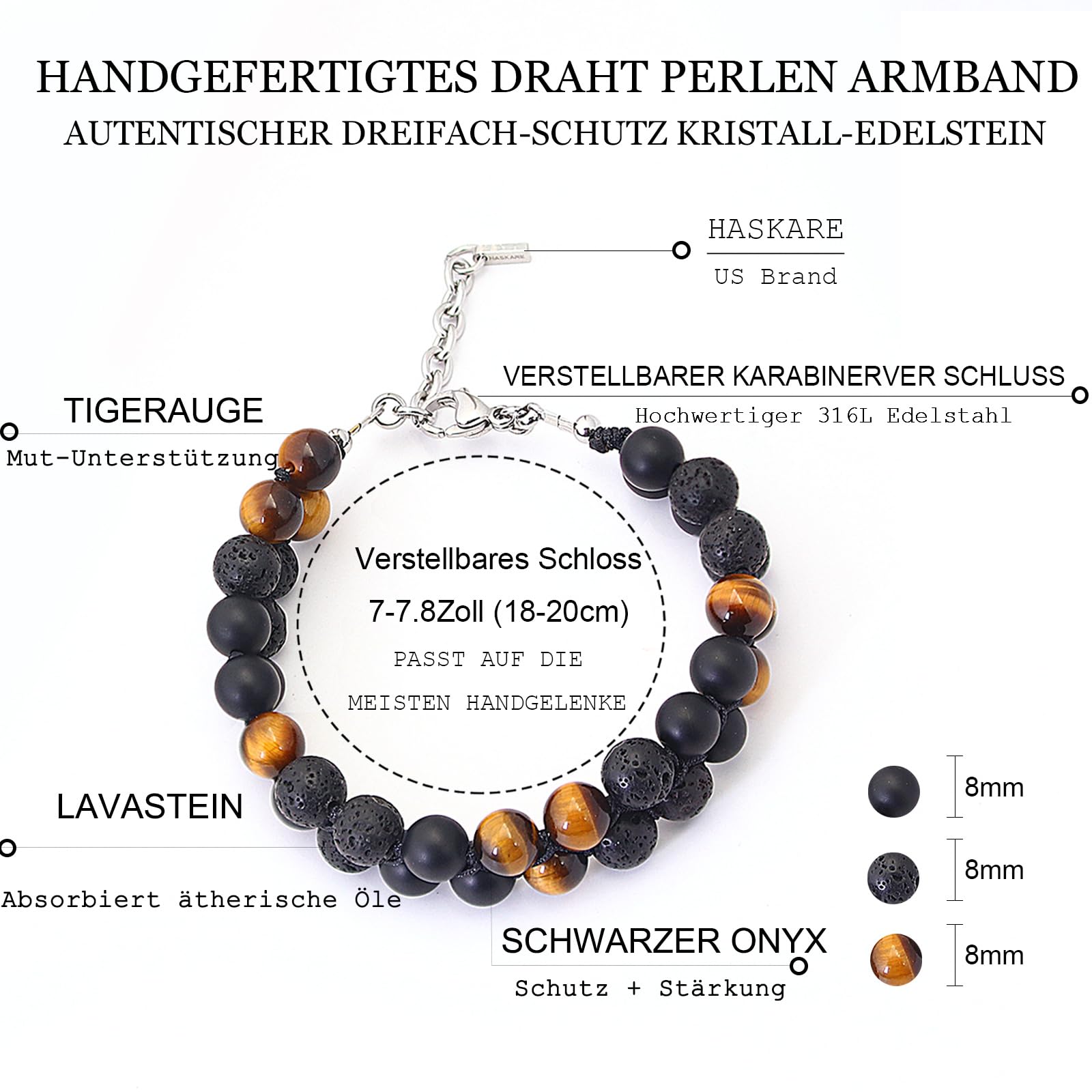 HASKARE Herren Mehrfach-Schutz Armband natürliche Edelsteine Tigerauge Onyx Hämatit Obsidian Lava, handgefertigt wasserdicht verstellbar Kristall-Armband, Spiritueller Schmuck für Vater und Ehemann