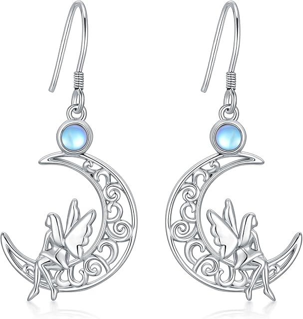 VENACOLY Moonstone Earrings Sterling Silver Celtic Fairy/Dragonfly/Tree Of Life/Heart Dangle Drop Earrings Jewellery Birthday Gifts for Girl Mother Women