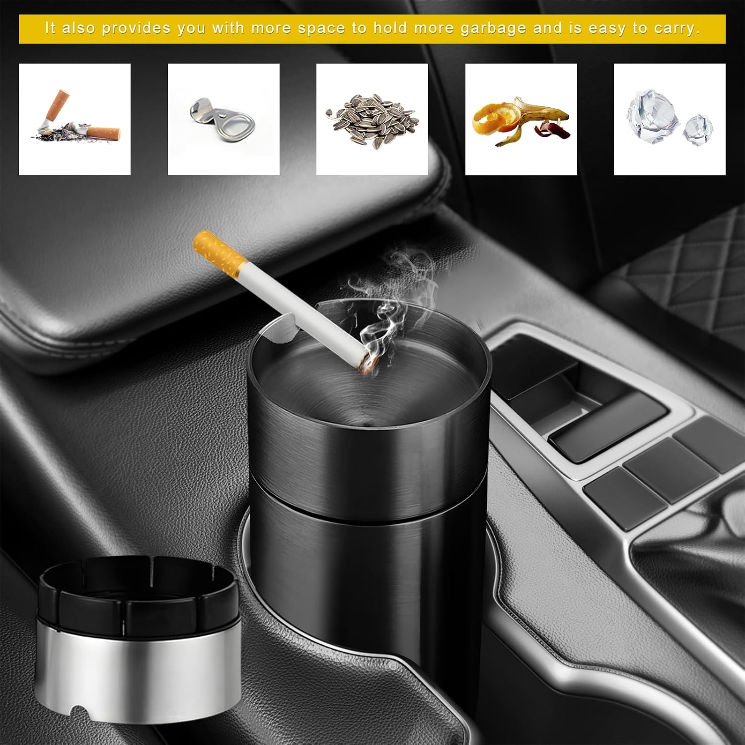 Car Ashtray with Lid, Stainless Steel Smokeless Ash Tray Windproof Extinguished Butt Bucket, Portable Detachable Cigarette Ashtray for Car Cup Holder Home Office Travel (Black)