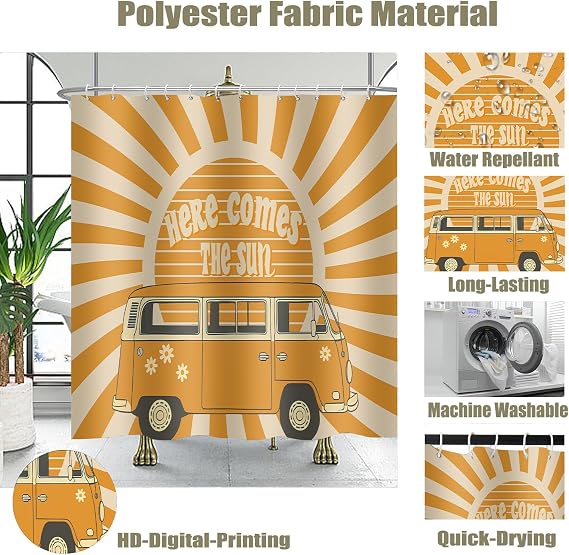 72x72 Hippie Retro Sun Sunshine Shower Curtain, Boho Vintage Bathroom Decor