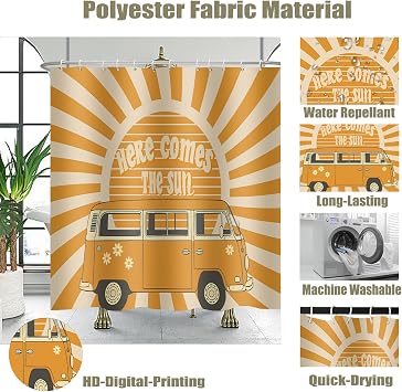72x72 Hippie Retro Sun Sunshine Shower Curtain, Boho Vintage Bathroom Decor